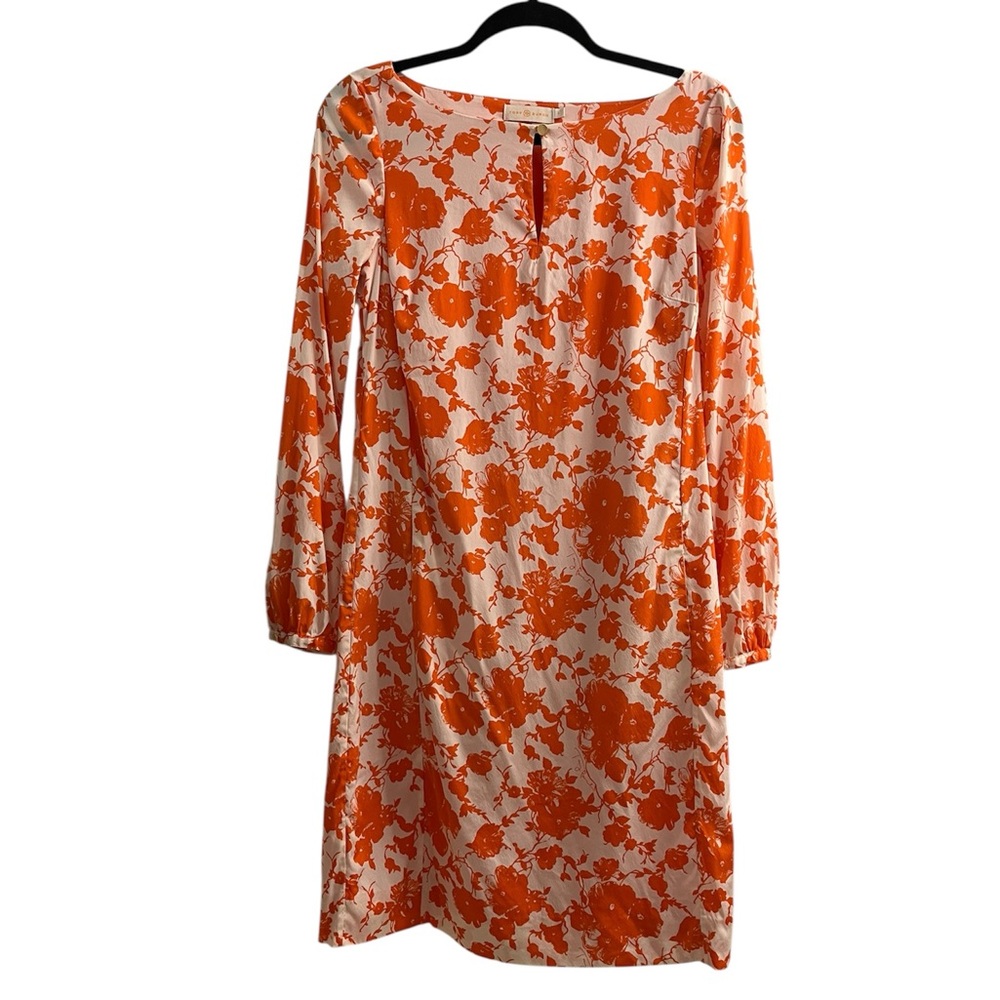 Tory Burch Silk Orange Floral Key Hole Long Sleeve Shift Dress - Picture 4 of 10